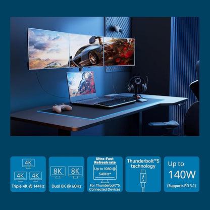 Kensington SD5000T5 EQ Thunderbolt 5 Docking Station, Triple Monitor 8K/4K, SD- & MicroSD-kaartlezer, 140W Power Delivery, 3x Thunderbolt 5, Ethernet & USB 3.2 Gen2 – Space Grey (K35201EU)