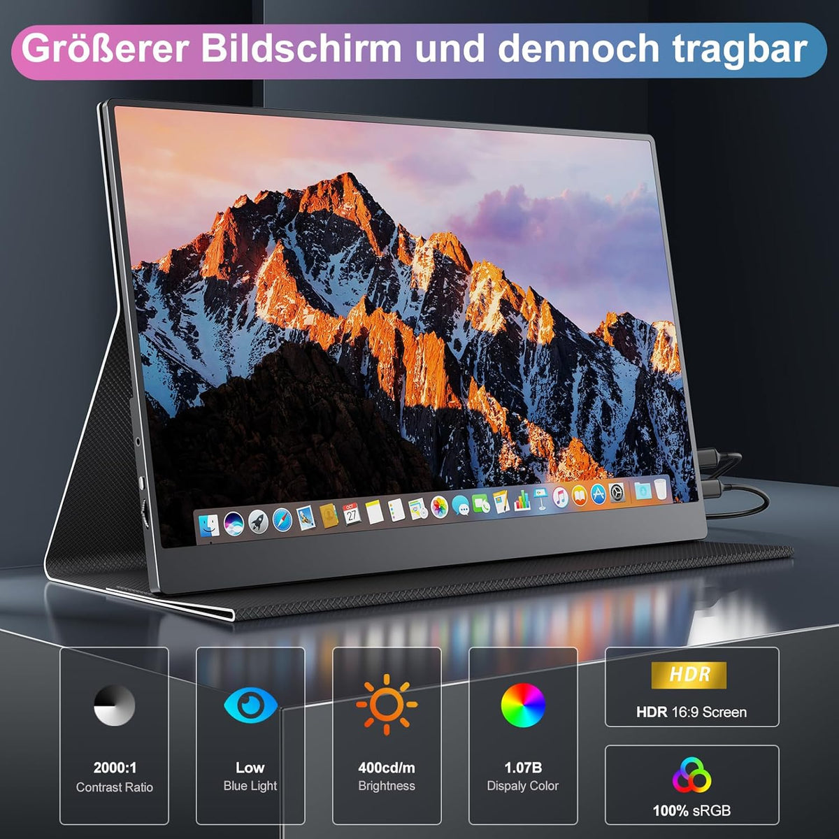 Portable Monitor 18.5 Inch 100Hz Portable Display Gaming Monitor with HDR 1080P 100% sRGB, IPS Screen USB C Mini HDMI for VESA, Laptop PC Mobile Phone PS4/5 Xbo - QUORE