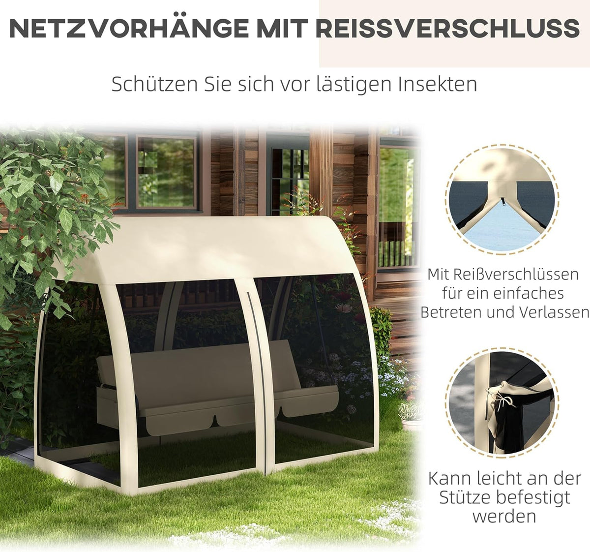 Outsuuny 2 in 1 Hollywoodschaukel mit Liegefunktion 3-Sitzer Gartenschaukel mit Baldachin, Mückennetz, Schaukelbank belast bis 300 kg, Gartenliege für Garten, Terrasse, 240 x 140 x 197 cm, Kaffee - QUORE