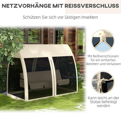 Outsuuny 2 in 1 Hollywoodschaukel mit Liegefunktion 3-Sitzer Gartenschaukel mit Baldachin, Mückennetz, Schaukelbank belast bis 300 kg, Gartenliege für Garten, Terrasse, 240 x 140 x 197 cm, Kaffee - QUORE