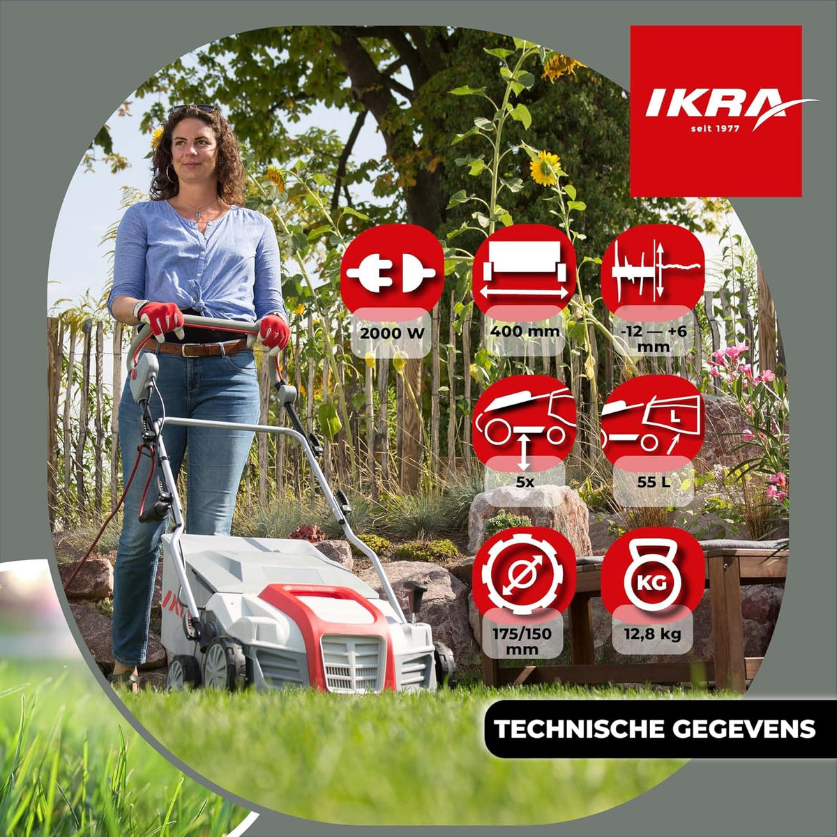 IKRA Elektrische Verticuteermachine Gazonbeluchter IEVL 2000, opvangmand 55l, werkbreedte 40cm, 2000W
