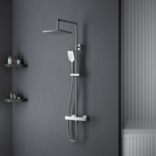 MORADO Thermostatic Shower Set, Height Adjustable Thermostatic Shower System, Shower Rail Set with Rain Shower and 3-Function Hand Shower, Chrome-Plated, Square Shape - QUORE