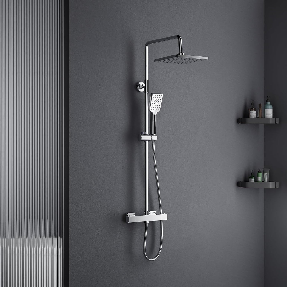 MORADO Thermostatische doucheset, in hoogte verstelbaar thermostatisch douchesysteem, douchestangset met regendouche en 3-functies handdouche, verchroomd, vierkante vorm