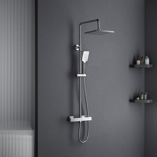 MORADO Thermostatische doucheset, in hoogte verstelbaar thermostatisch douchesysteem, douchestangset met regendouche en 3-functies handdouche, verchroomd, vierkante vorm