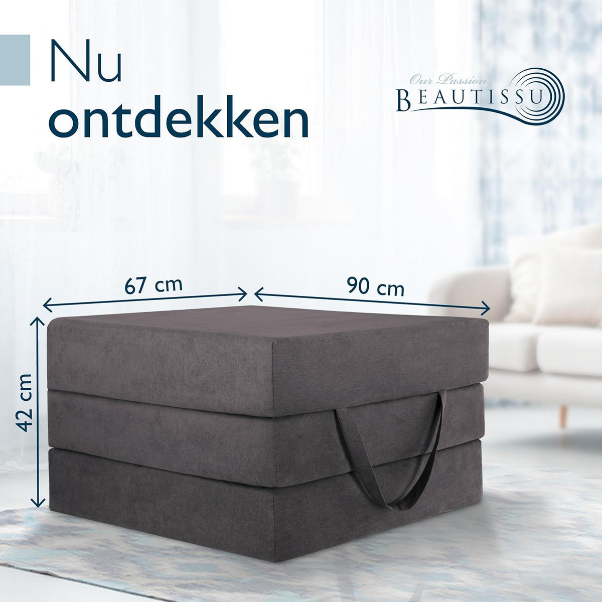 Beautissu Premium XL Vouwmatras 90x200 cm incl. Tas – Opvouwbaar Logeermartas Extra Dik 14 cm Traagschuim – Wasbare Hoes, Eenvoudig Transport & Hoog Slaapcomfort Opvouwbaar Gastenmatras – Grijs