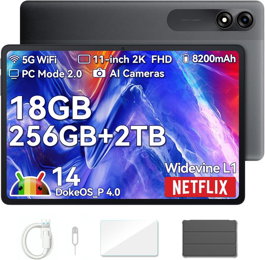 Blackview Tab9WiFi Tablet 11 inch 2K FHD+, 18 GB + 256 GB (TF 2 TB), Octa Core Gaming-tablet, Android 14, Gemini AI, touchscreen tablet met Widevine L1, 8200 mAh, GMS, Bluetooth 5.0, Face ID