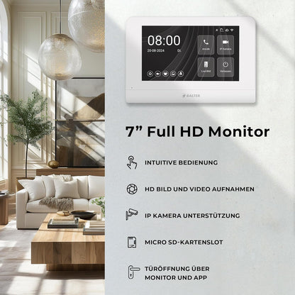 Entri Video deurintercomsysteem, inbouwdeurbel met camera, smartphone-app, 1 familiehuis, videodeurbel, 2 x 7 inch HD-monitor, Full HD-camera, intercom met deuropener en bel, 2 draden