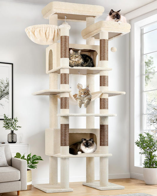 Kattenboom – Krabpaal – Klimpaal – Kattenhuis – Kattentoren – Beige – XXL 213 cm Hoog – 2 Ruime Kattenhuisjes & 8 Natuurlijke Sisal Krabpalen