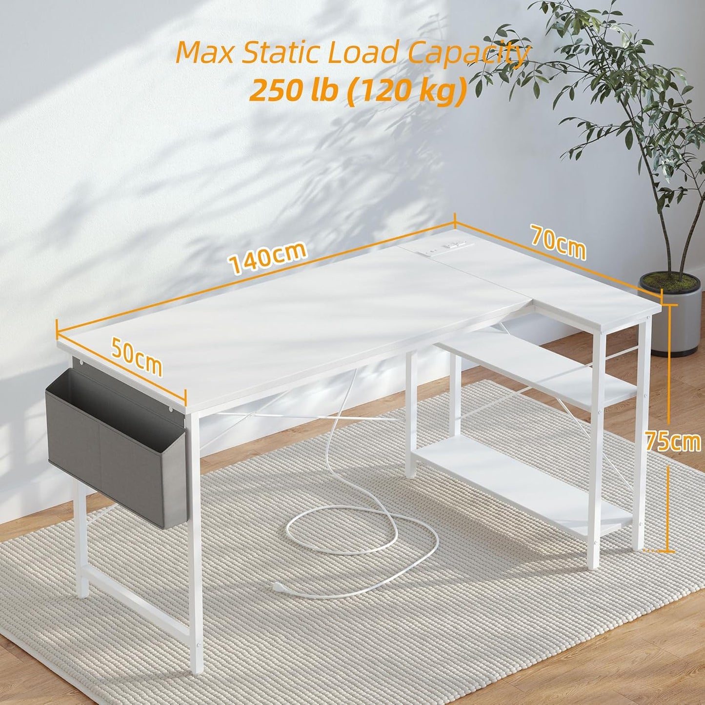 L-vormig bureau – hoekbureau – gametafel – computerbureau – werkplek bureau – wit – 140 x 70 cm – ingebouwde USB- en Type-C-poorten – stevige stalen X-frame