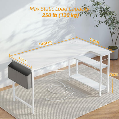 L-vormig bureau – hoekbureau – gametafel – computerbureau – werkplek bureau – wit – 140 x 70 cm – ingebouwde USB- en Type-C-poorten – stevige stalen X-frame