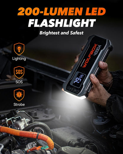 WOLFBOX 4000A Jump Starter Power Pack, 12V auto-accu Booster Jump Starter met 65W snellader, 24000mAh batterij Booster Pack (10L Gas 10L Diesel Motor) met LED-licht, Booster, Jump Leads
