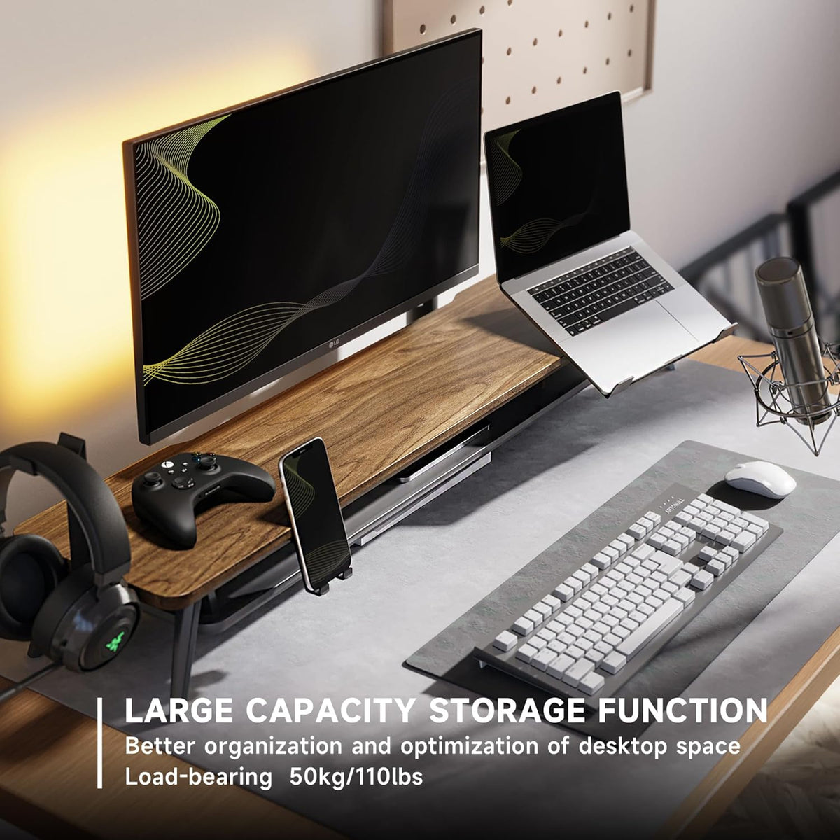 Fenge Monitor Stand, Dual Monitor Riser voor 2 monitoren met verstelbare Laptop Riser, 108cm Desk Organizer met Pad / Hoofdtelefoonhouder Max Belasting 50KG (Bruin)