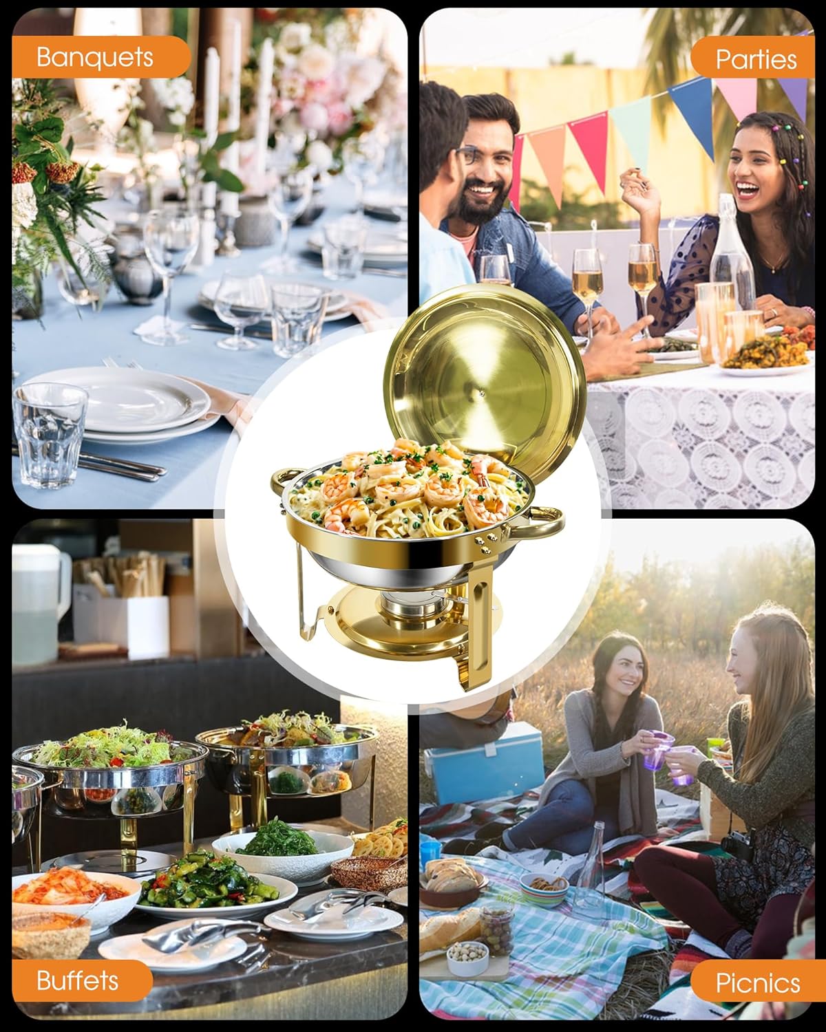 Gouden Chafing Dish Buffet Set 5L [Robuust en Eenvoudig te Monteren], 4-Pack Ronde Chafing Dishes, RVS Warmhoudbakken [Elegant Goud en Zilver], Voedselwarmer voor Catering Buffet en Elk Feest