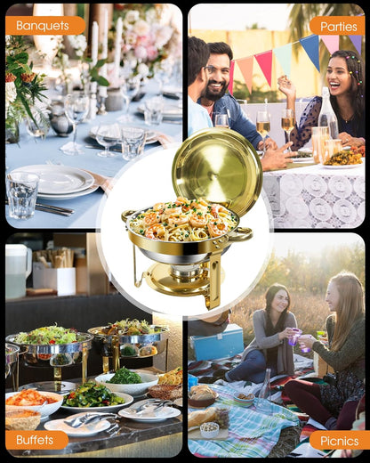 Gouden Chafing Dish Buffet Set 5L [Robuust en Eenvoudig te Monteren], 4-Pack Ronde Chafing Dishes, RVS Warmhoudbakken [Elegant Goud en Zilver], Voedselwarmer voor Catering Buffet en Elk Feest