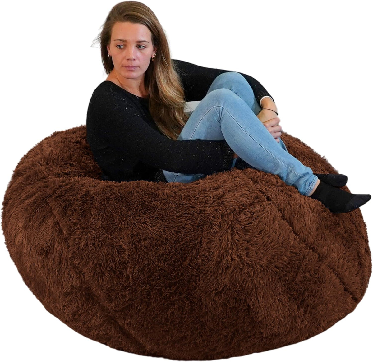 Bananair - Reuzenpoef XXL in bont - Zacht & Comfortabel - Machinewasbaar Hoes - Royaal gewatteerd, Premium Kwaliteit - Grote Zitzak Bed, Bean Bag (Chocolade, 120 cm)