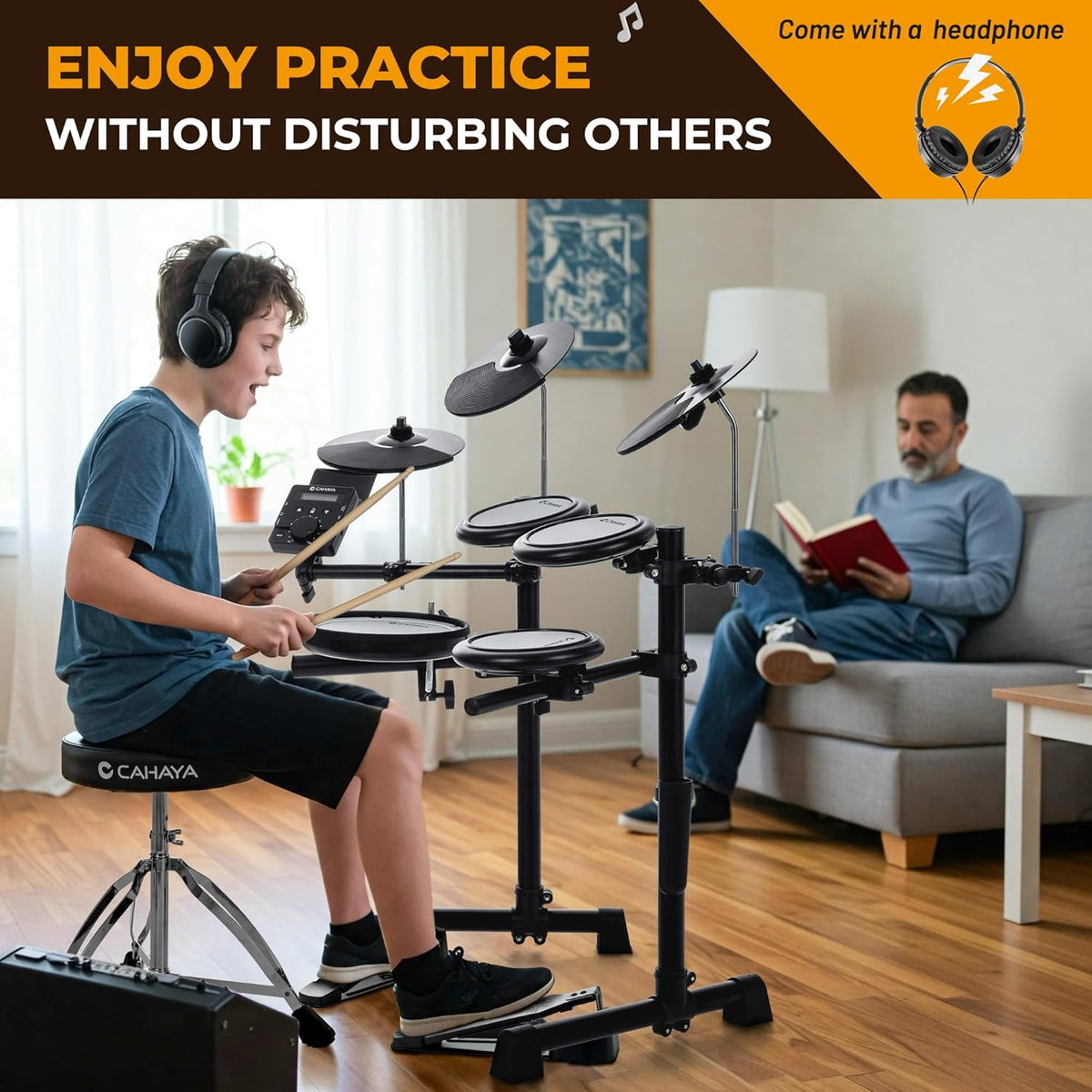 CAHAYA E-drumset met mesh-vacht: Dual Trigger Pads en 350 geluiden – elektronisch drumstel met grote 8 inch snare pad, complete set met drumkruk, hoofdtelefoon, sticks – voor beginners en kinderen
