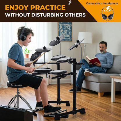 CAHAYA E-drumset met mesh-vacht: Dual Trigger Pads en 350 geluiden – elektronisch drumstel met grote 8 inch snare pad, complete set met drumkruk, hoofdtelefoon, sticks – voor beginners en kinderen