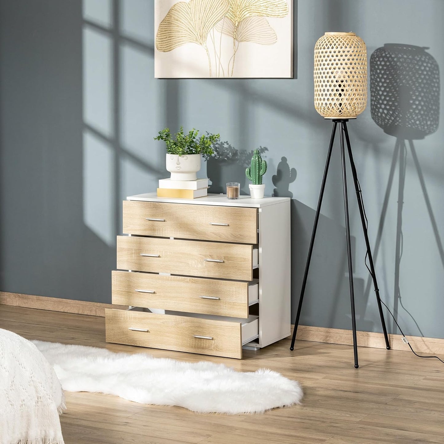 HOMCOM Chest of Drawers with 4 Drawers Bathroom Cabinet Chest of Drawers for Bedroom Living Room Oak White 76 x 35 x 72 cm - QUORE