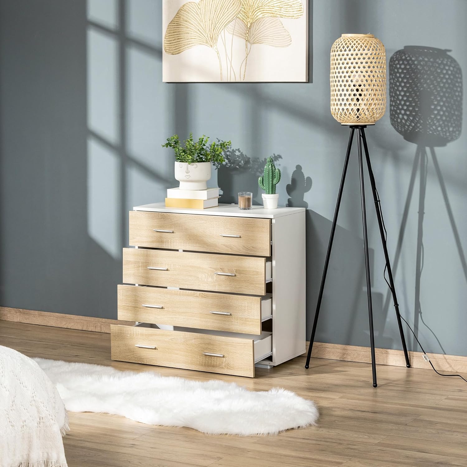 HOMCOM Chest of Drawers with 4 Drawers Bathroom Cabinet Chest of Drawers for Bedroom Living Room Oak White 76 x 35 x 72 cm - QUORE