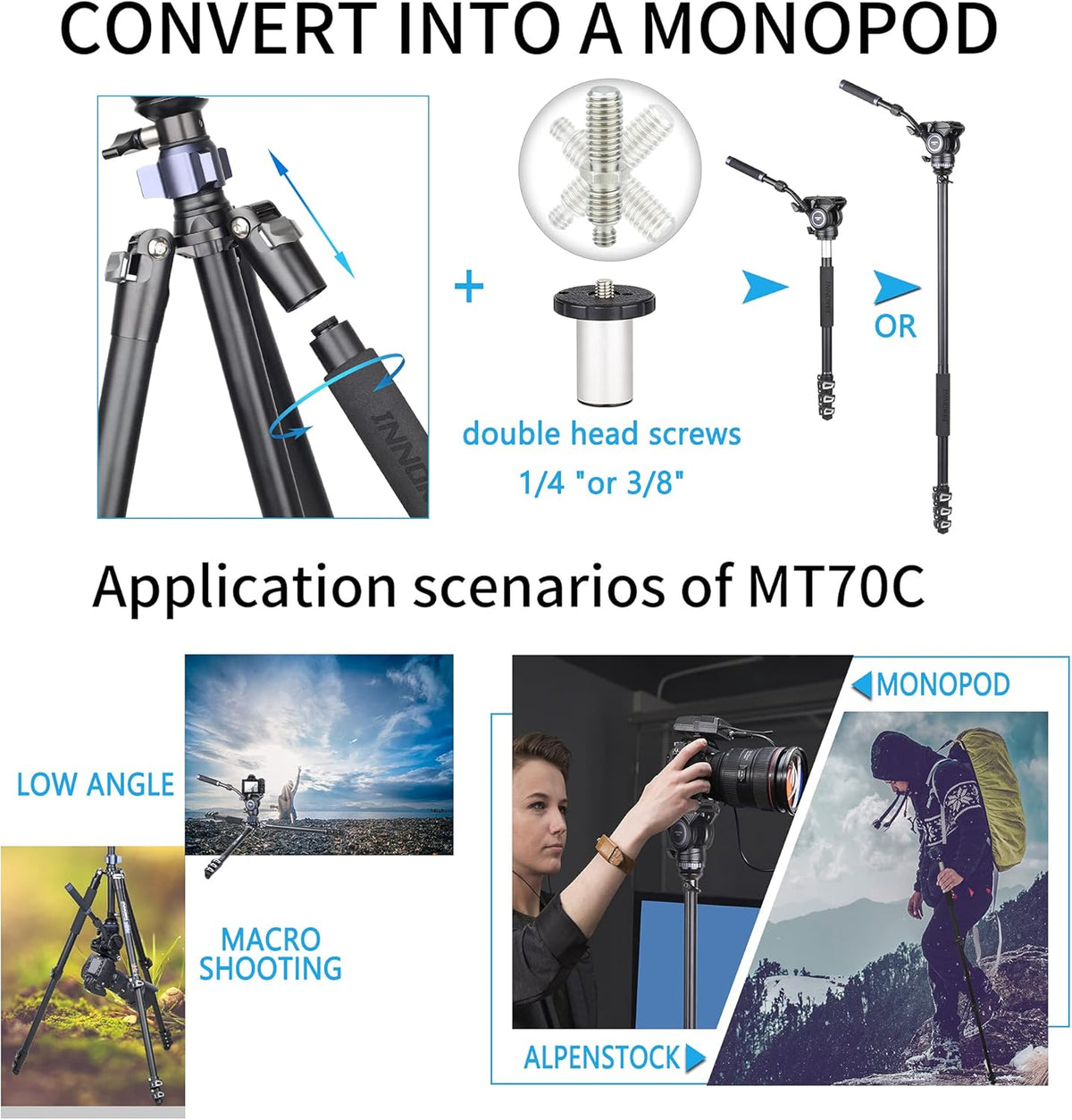 INNOREL MT70C Professionele Statieven, met Half Ball Leveller, zonder vloeistofkop, Koolstofvezel videostatiefset, Snel Flip Lock, Converteerbaar naar Monopod, voor DSLR Camera Video Camcorder