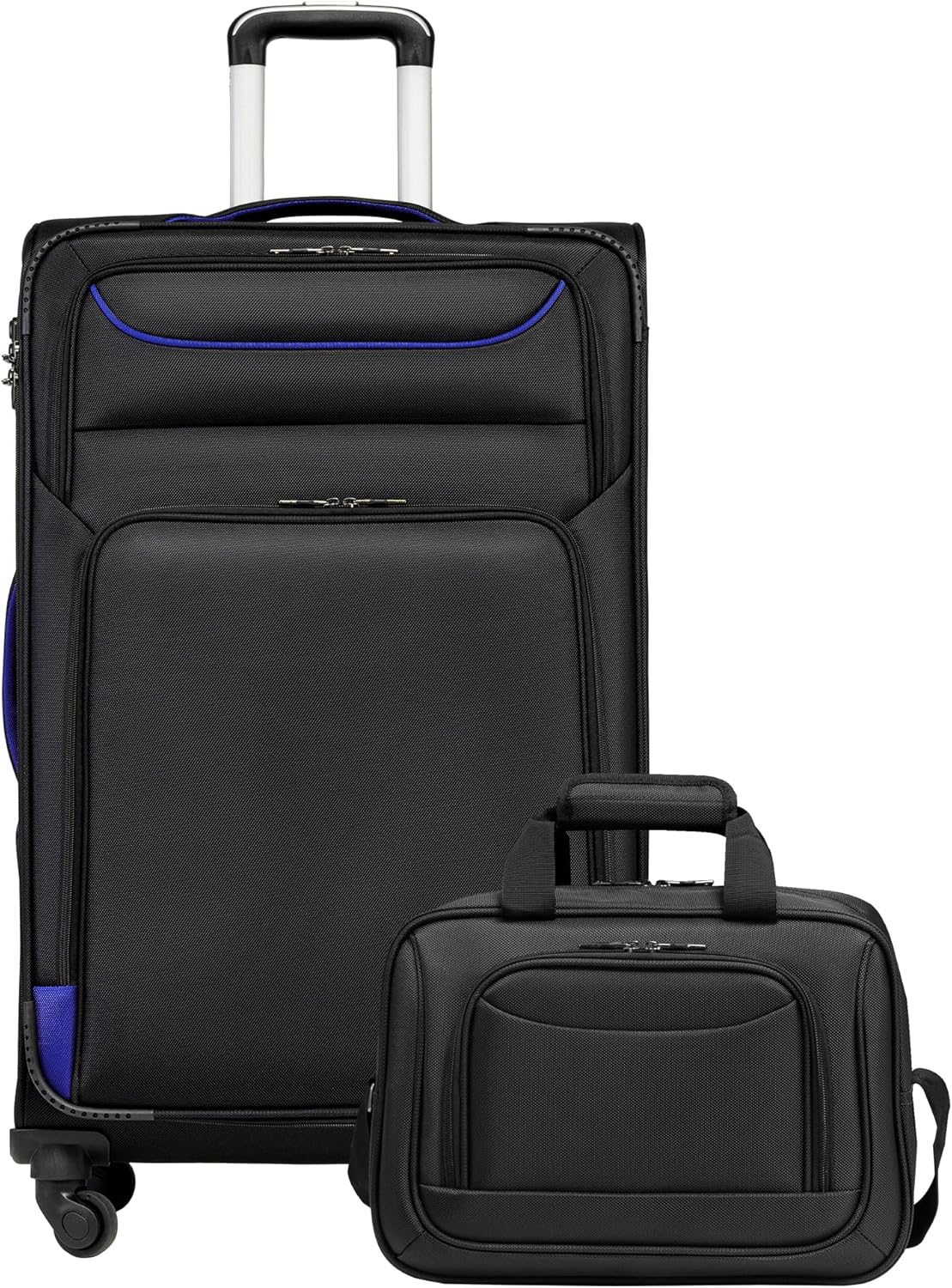 COOLIFE Trolley Koffer met 4 Wielen, Stoffen Handbagage met TSA-slot, Grote Schoudertas, Zwart+Blauw, Set 2-delig