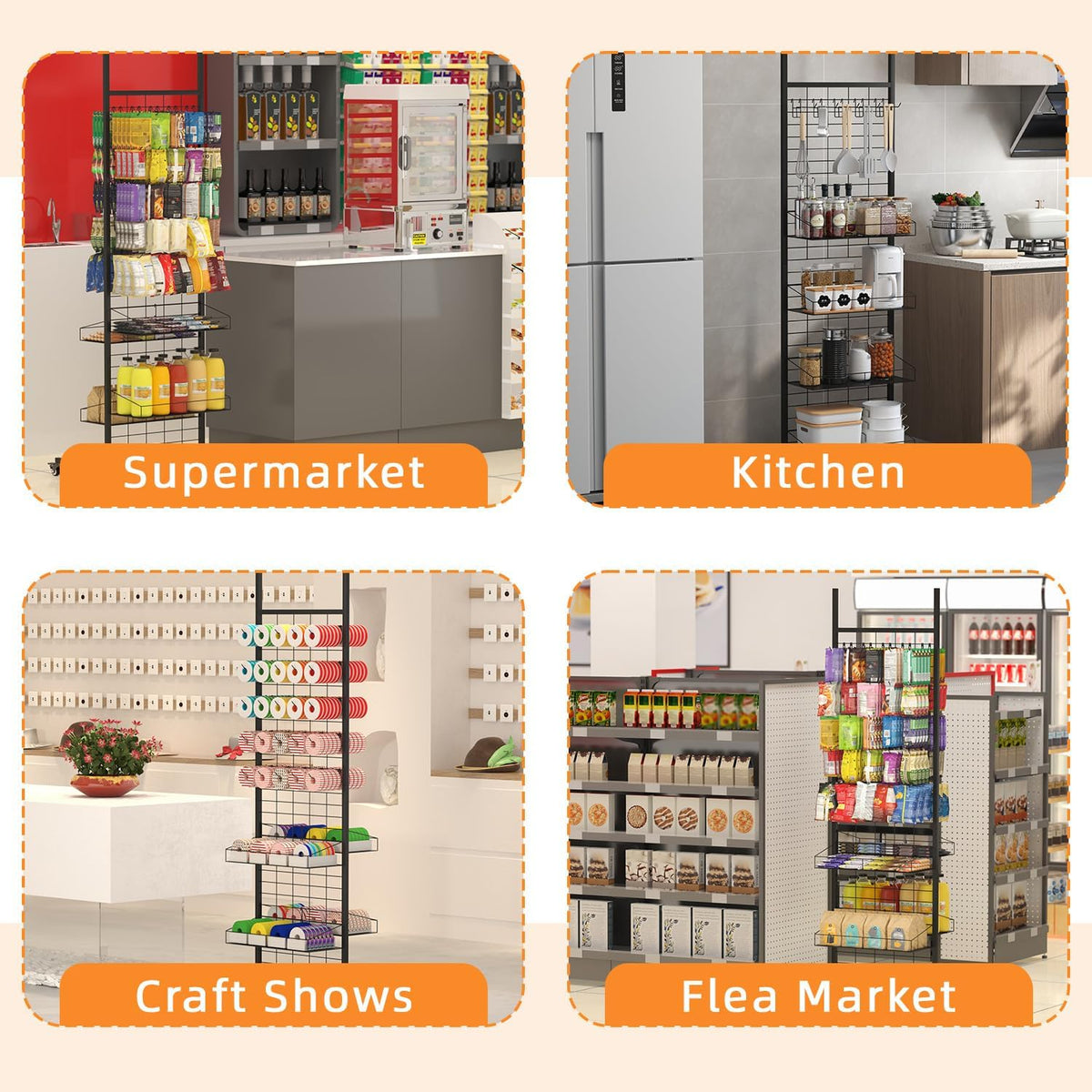 Pegboard displaystand – Displayrek – Winkelrek – Presentatierek – Displaystandaard – Zwart, vrijstaand model met wielen – Inclusief 50 haken en 4 planken – 70 x 51 x 178 cm
