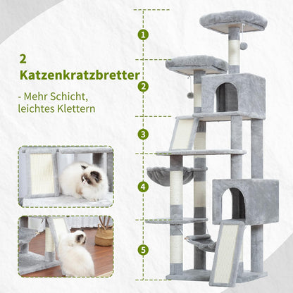 Cat Tree Indoor Cat Tree 200cm Cat Scratching Post with Large Adult Cats, 2 Scratching Boards, 7 Scratching Posts, 2 Plush Platforms, 2 Cat Cavities, Light Grey GCT032W - QUORE