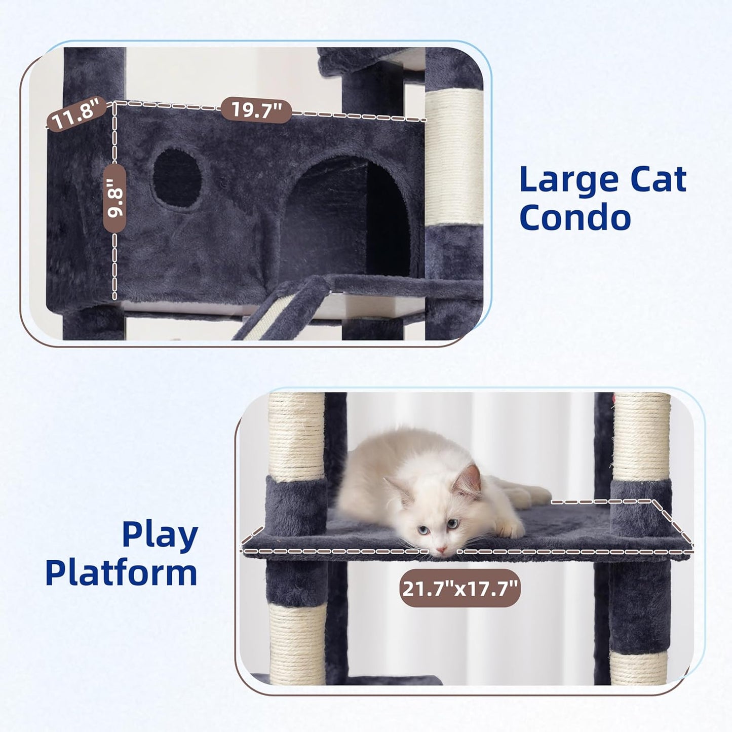 Krabpaal groot, kattenboom, grote katten, stabiel voor binnen, 200 cm, kattenkrabpaal met ruime platforms, kattenholen, hangmat, sisalzuilen, rookgrijs GCT031G