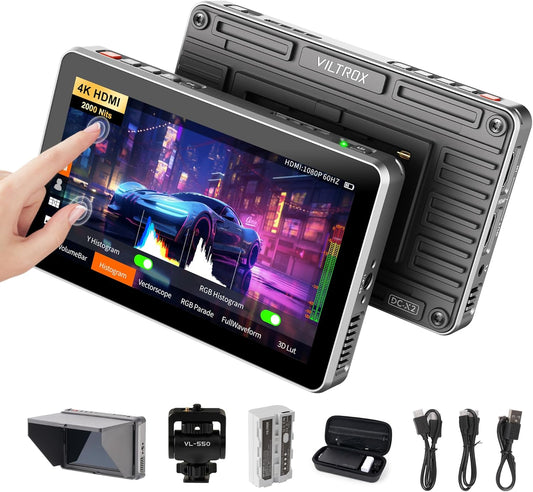 VILTROX DC-X2 Touchscreen Camera Field Monitor, 2000 Nits 4K HDMI Loop in/Out 6 inch DSLR Camera Video Monitor met Zonnekap Batterij, 3D Lut Volledige Golfvorm 1920X1080 HD IPS 160° Brede Kijkhoek
