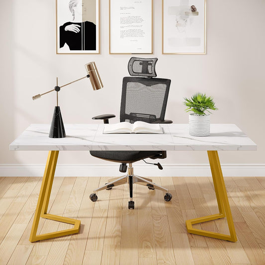 Tribesigns Desk, Computer Table, 140 x 80 cm, PC Table, Work Table, Dining Table, Office Furniture, Computer Table, Conference Table for Home Office, Home, Desk, White and Gold