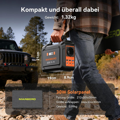 MARBERO Portable Power Station 98Wh met 30W opvouwbaar zonnepaneel, 150 W zonne-generator, outdoor batterij met DC-uitgangen voor camper, road trip, avontuur, camping, thuis, stroomuitval