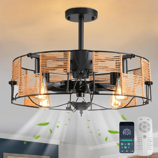 Ganeed Plafondventilatoren met Verlichting Industriële Stijl Boerderij 49cm Kroonluchters Boho Rotan Kooilamp Hangende Hanger E27 met Afstandsbediening Zwart 4 Lichten