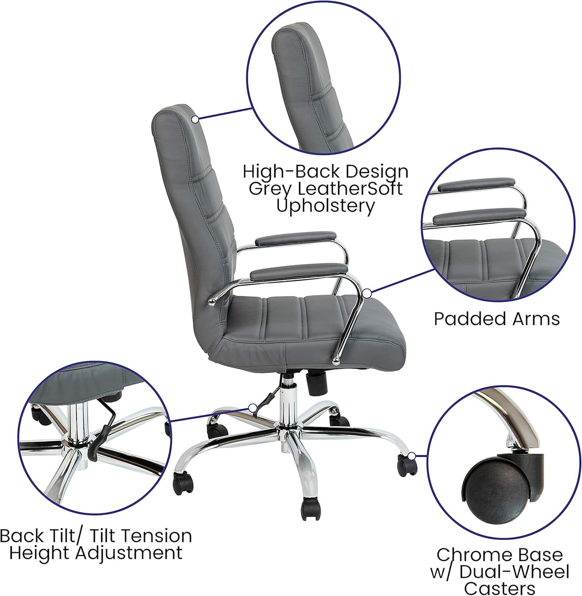 Flash Furniture Whitney Bureaustoel met hoge rugleuning - grijs LeatherSoft Executive draaibare bureaustoel met chroom frame - draaibare fauteuil