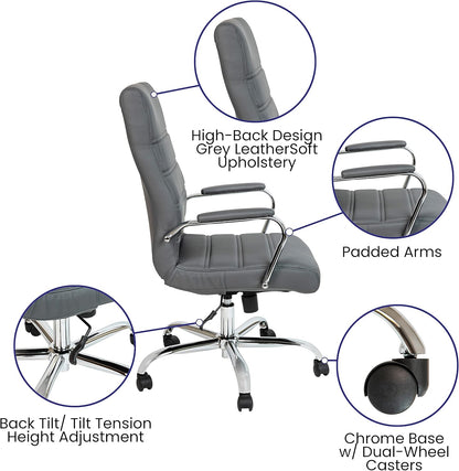 Flash Furniture Whitney Bureaustoel met hoge rugleuning - grijs LeatherSoft Executive draaibare bureaustoel met chroom frame - draaibare fauteuil