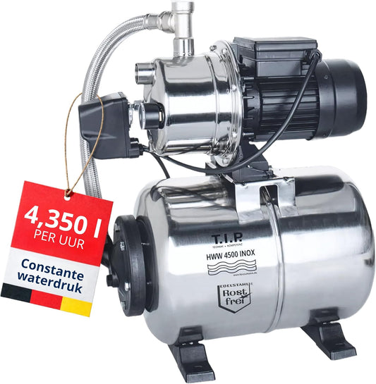 T.I.P. HWW 4500 INOX 31140 Hydrofoorpomp met drukvat, roestvrij staal, debiet tot 4.350 l/u, opvoerhoogte/druk max. 50 m/druk max. 5,0 bar, 1.200 W, gebruiksklare drukschakelaar