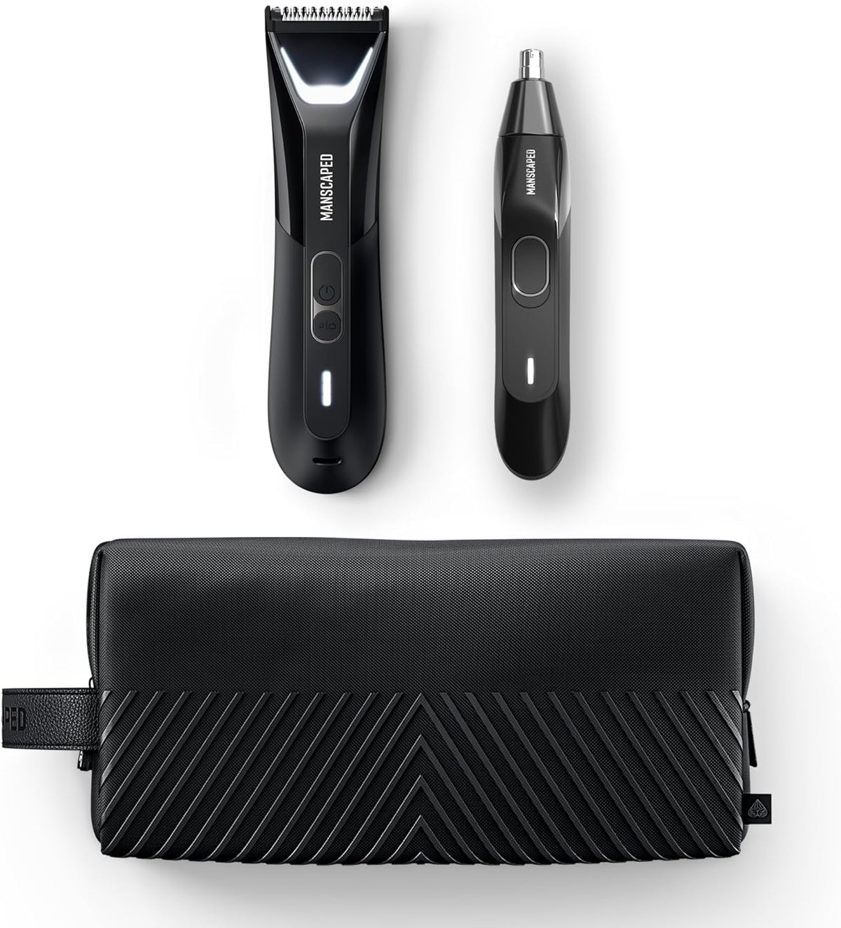 MANSCAPED® The Perfect Duo 5.0 bevat: de Lawn Mower® 5.0 ULTRA elektrische lies- en lichaamshaartrimmer, de Weed Whacker® 2.0 Neus- en oortondeuse