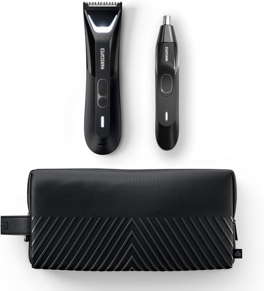MANSCAPED® The Perfect Duo 5.0 bevat: de Lawn Mower® 5.0 ULTRA elektrische lies- en lichaamshaartrimmer, de Weed Whacker® 2.0 Neus- en oortondeuse