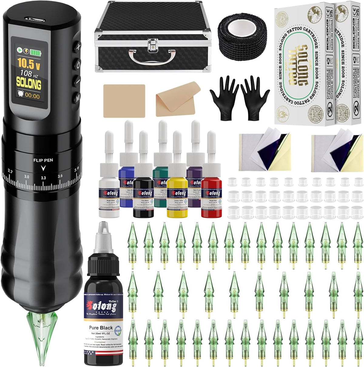 Professionele Draadloze Tattoo Pen – Rotary Tattoo Machine – Tattoo Gun – Tattoo Set – Tattoo Kit – LCD Display – 1800mAh Batterij – 40 Wegwerp Naalden – 8 Inktflessen