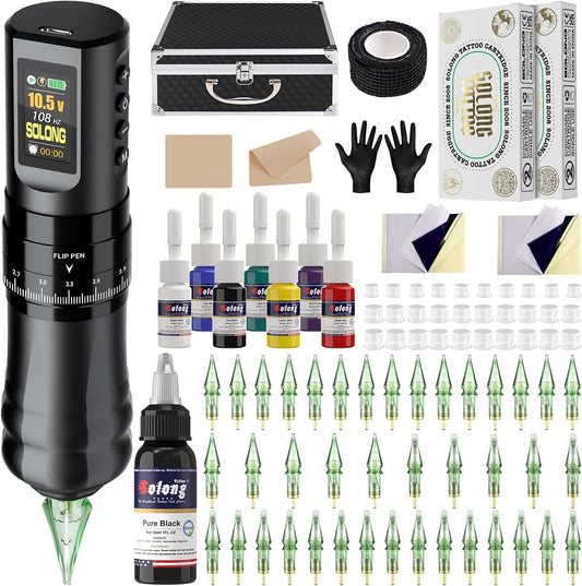 Professionele Draadloze Tattoo Pen – Rotary Tattoo Machine – Tattoo Gun – Tattoo Set – Tattoo Kit – LCD Display – 1800mAh Batterij – 40 Wegwerp Naalden – 8 Inktflessen