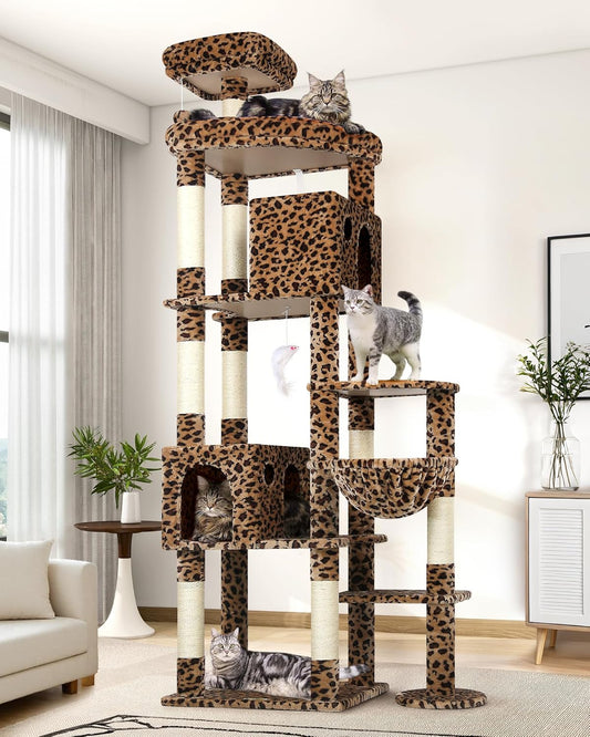 Globlazer Cat tree large xxl Leopard high 213cm with 2 cat house large platform padded Seat Rod Basket scratching post Sisal,luxury Cat tree stable for 3-5 large cats Maine Coon (F83, Leopard)