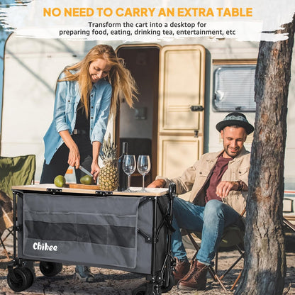 Chihee Handwagen, tuinwagen, inklapbaar, buiten, hulpprogrammawagen, strandwagen, 220 l, zeer belastbaar, draagbaar, alle terreinwielen, oversized tas, 1 inklapbaar bureau, 2 bekerhouders