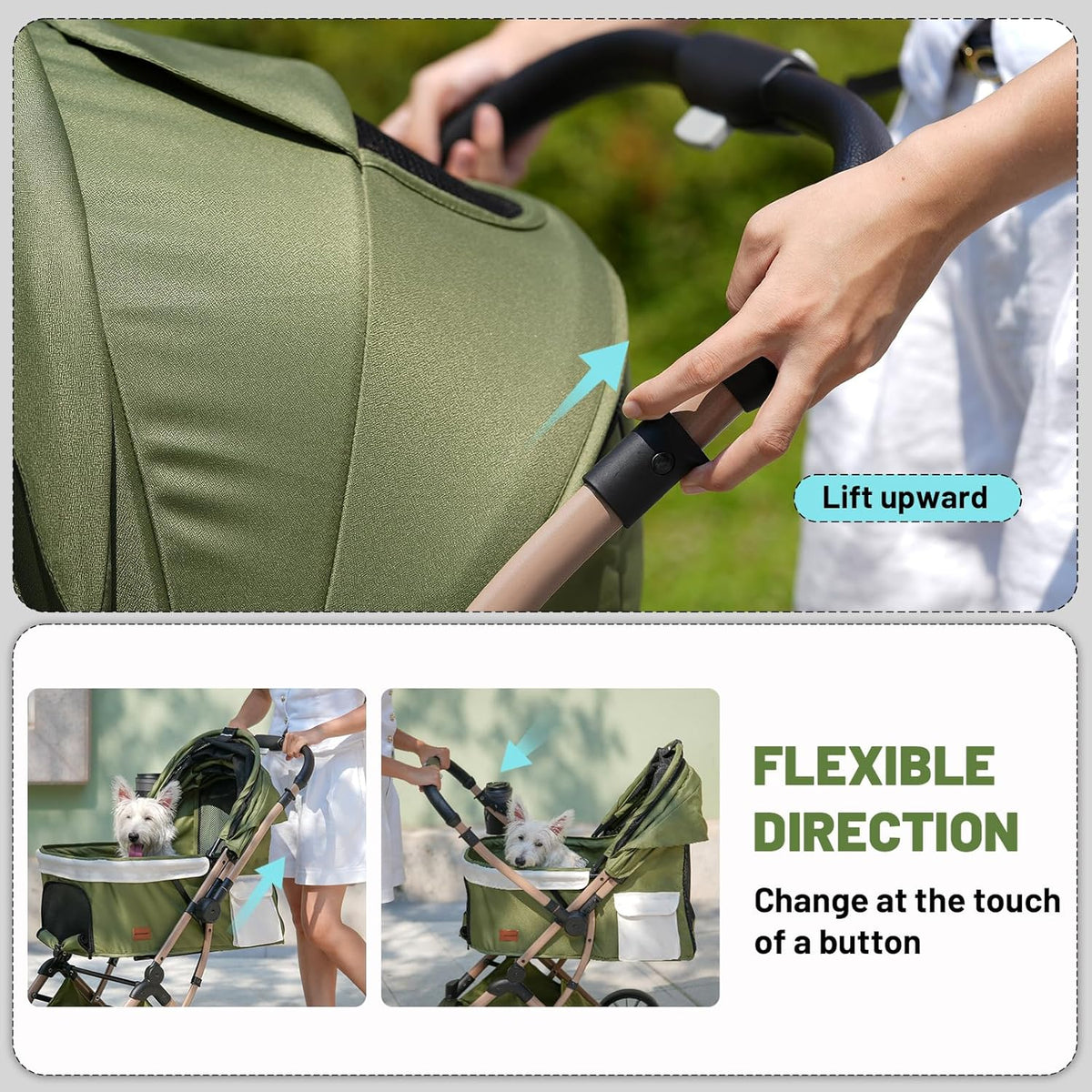 EchoSmile Opvouwbare hondenwagen, hondenbuggy tot 20 kg, voor kleine middelgrote honden en katten, hondenbuggy en kattenwagen met omkeerbare handgreep, schokdemping en afneembaar wasbaar kussen (groen