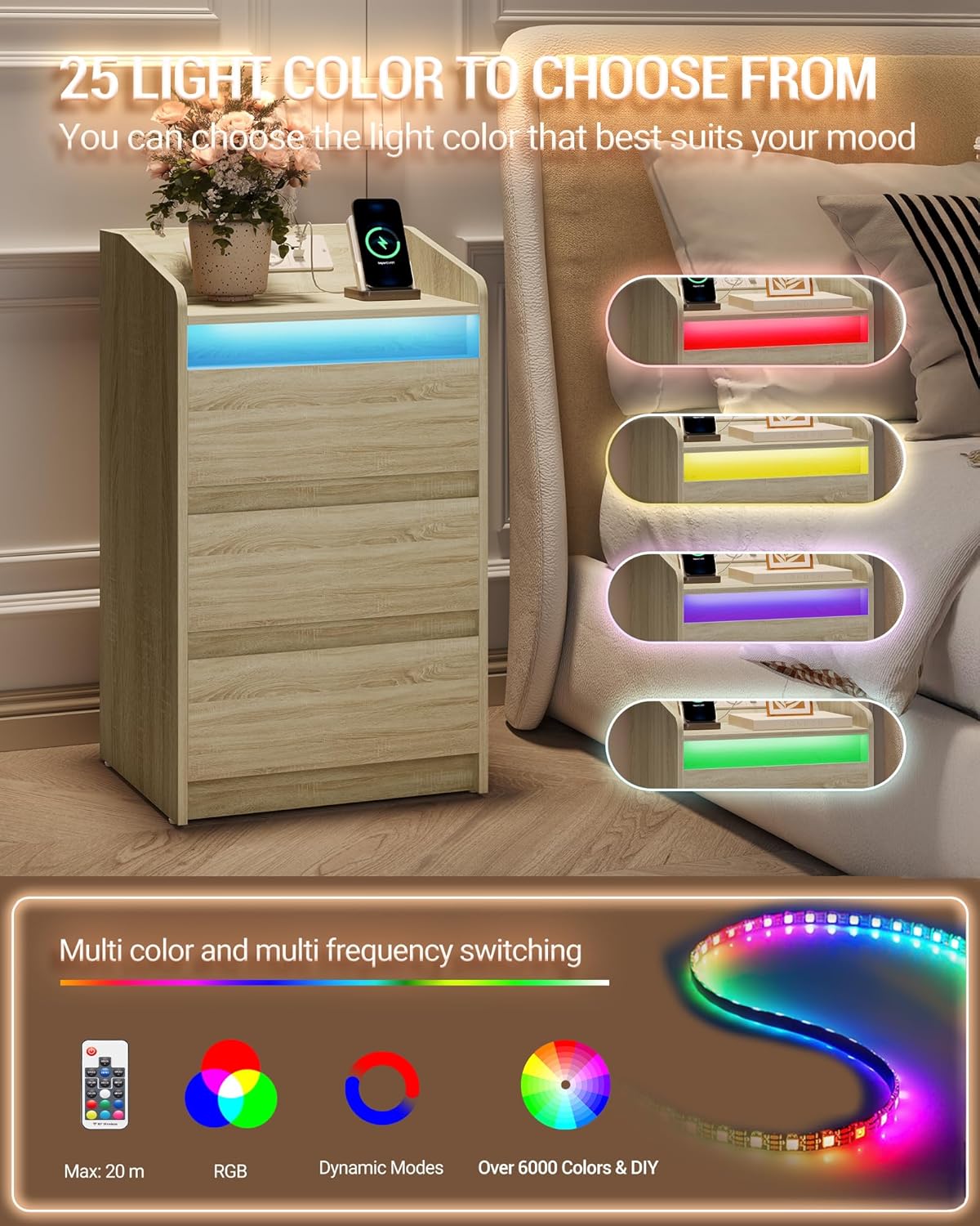 Hzuaneri Bedside Table Set of 2 with 3 Drawers, Side Table with Charging Base and LED, 2 AC Sockets and 2 USB Ports for Bedroom, Living Room, Oak Colors NS40116X