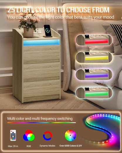 Hzuaneri Bedside Table Set of 2 with 3 Drawers, Side Table with Charging Base and LED, 2 AC Sockets and 2 USB Ports for Bedroom, Living Room, Oak Colors NS40116X