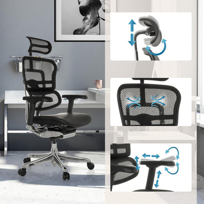 Ergonomische Bureaustoel – Kantoorstoel – Werkstoel – Gamestoel – Bureaustoel Verstelbaar – Flexibele Lendensteun – Lederen Gevoerde Zitting – Ademend Mesh Rug