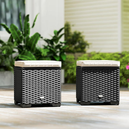 Outsunny Set of 2 Rattan Storage Ottoman, Outdoor Footstool with Removable Cushions, Garden Storage Seat for Balcony, Porch, Living Room, Cream - QUORE