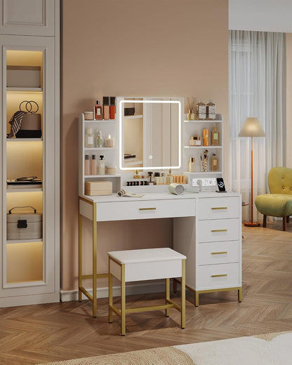 Hzuaneri Dressing Table, Dressing Table, Soft Stool, HD Mirror and Adjustable LED Lighting, Socket And USB Connection, 5 Drawers, Open Storage Compartment, Modern Style, White GoldDT351HDT
