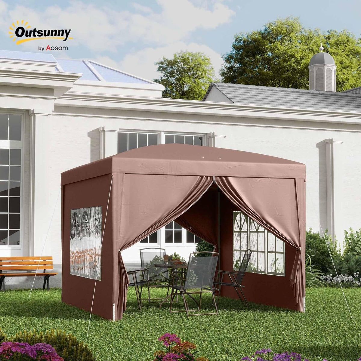 Vouwpaviljoen – Vouwtent – Partytent – Biertent – Tuinpaviljoen – Koffiekleur – Waterafstotend Tentdoek – Stabiel Poedergecoat Stalen Frame
