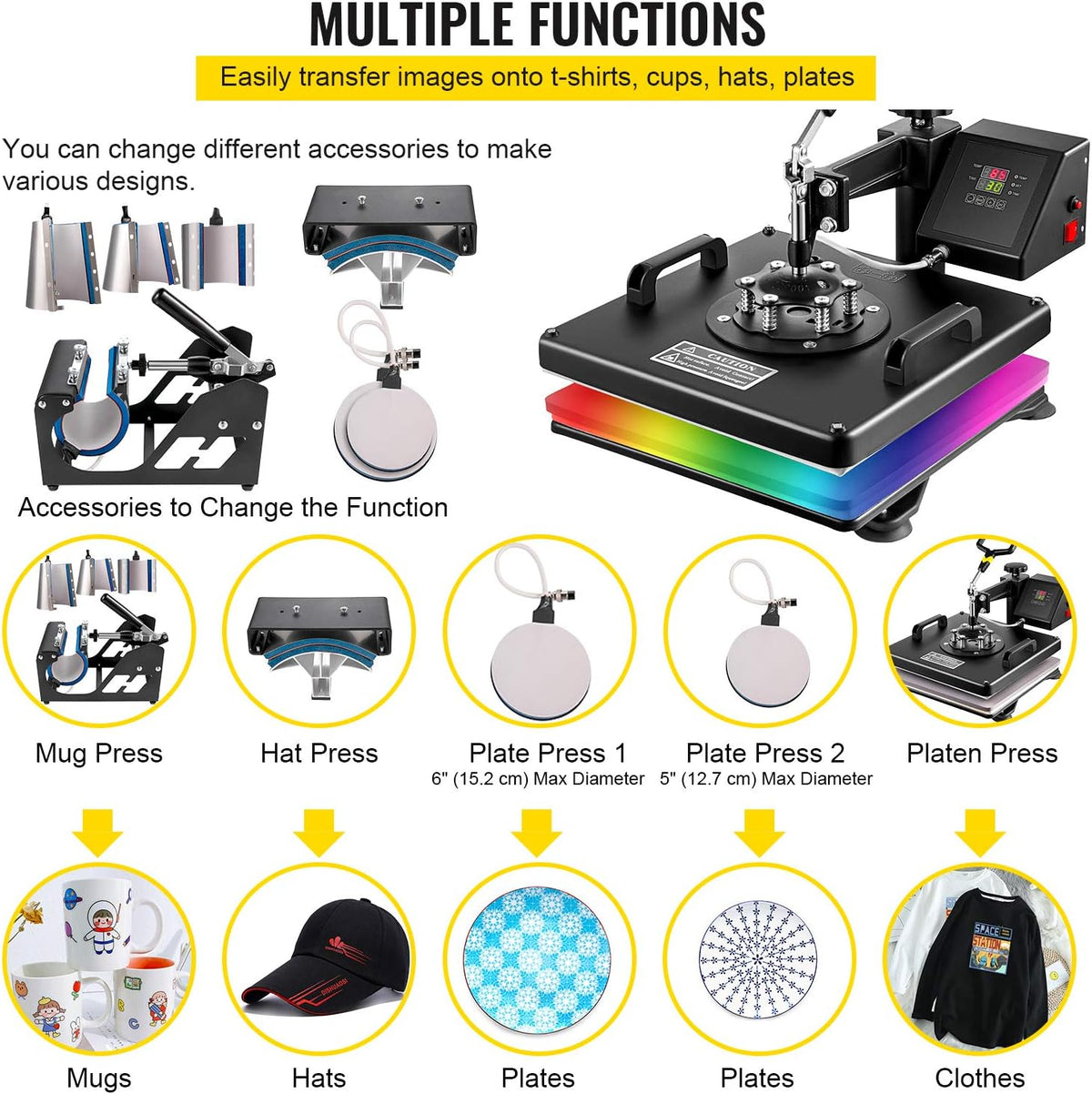 VEVOR transferpers, 8-in-1, 38 x 38 cm, hittepers, 1250 W, T-shirt-hittepers, Hittepersmachine,360 graden draaibaar, doe-het-zelf, multifunctionele sublimatie-hittepers met digitale LED-temperatuur- en tijdregelaar