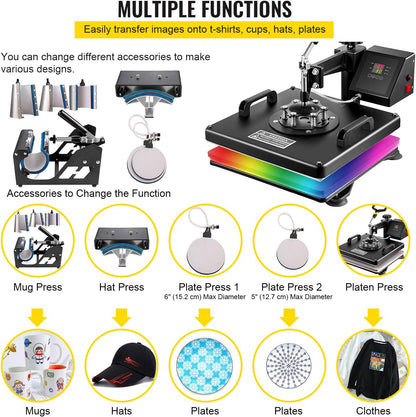 VEVOR transferpers, 8-in-1, 38 x 38 cm, hittepers, 1250 W, T-shirt-hittepers, Hittepersmachine,360 graden draaibaar, doe-het-zelf, multifunctionele sublimatie-hittepers met digitale LED-temperatuur- en tijdregelaar